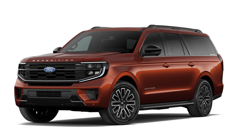 2027 Ford Expedition Max PLATINUM 4X4 in Bronze Fire Metallic Tinted Clearcoat — front three-quarter view